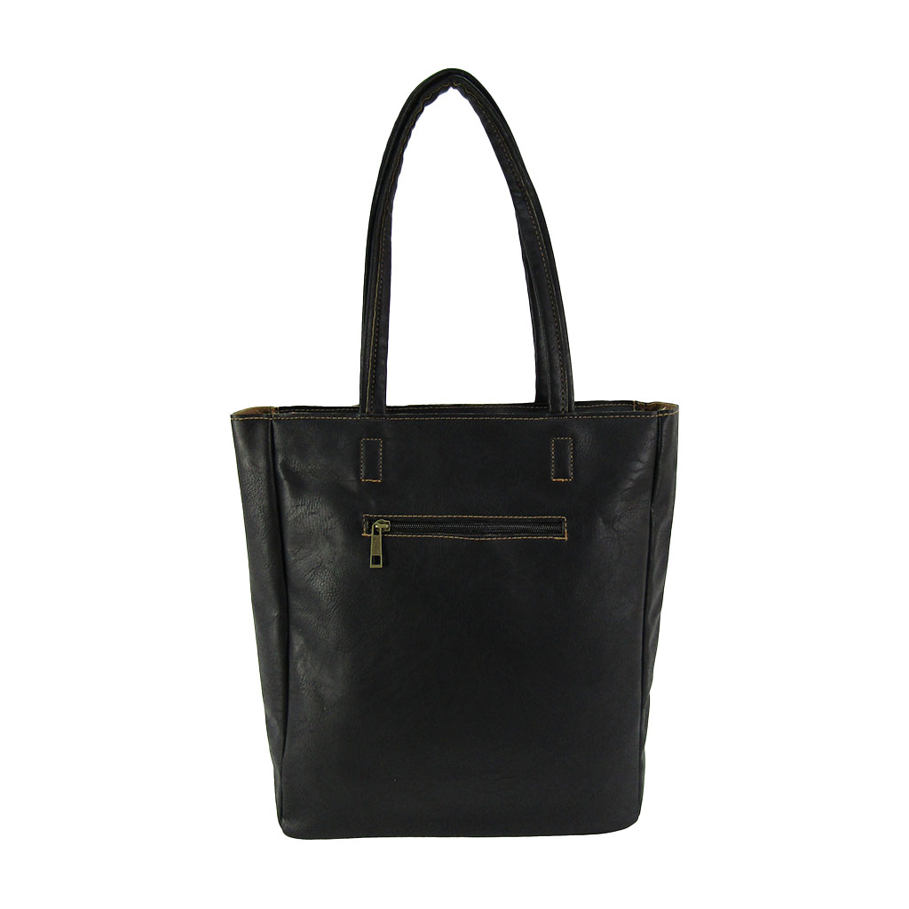 [O.F.S オーエフエス] A4対応 ファスナー付 シンプル トートバッグ | 合皮 マチあり 無地 肩掛け 通勤 通学 男女兼用 サブバッグ 黒 ブラック 4T08