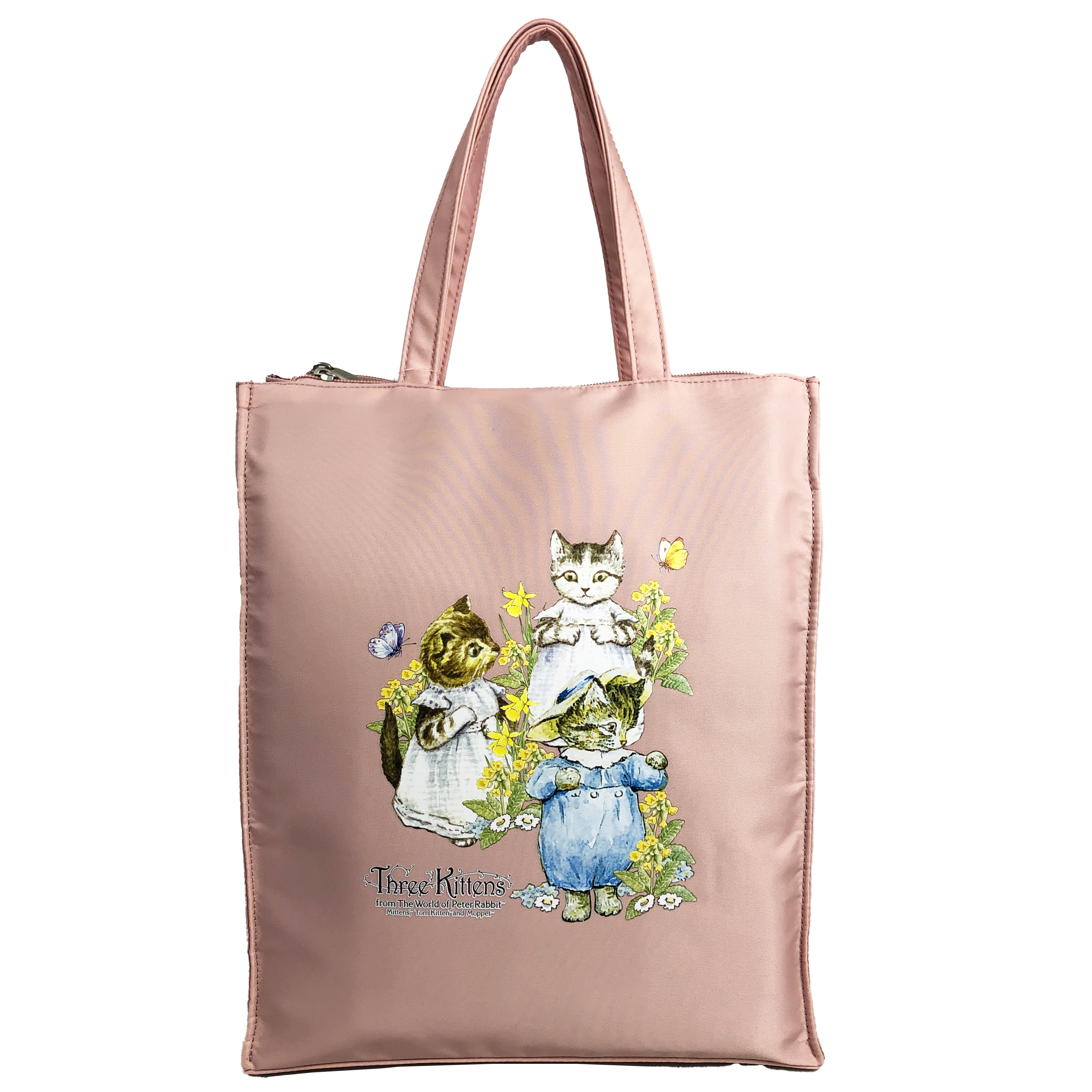  [ピータ―ラビット (ＴＭ )] A4サイズ対応 トートバッグ ハンドバッグ サブバッグ 手持ちタイプ 撥水 ポケット充実 ファスナー付き 大人 上品 かわいい レディース PETERRABBIT(ＴＭ) うさぎ ねこ レッスンバッグ 買い物 お稽古 習い事 縦型トート 0635　02ピンク ThreeKittens