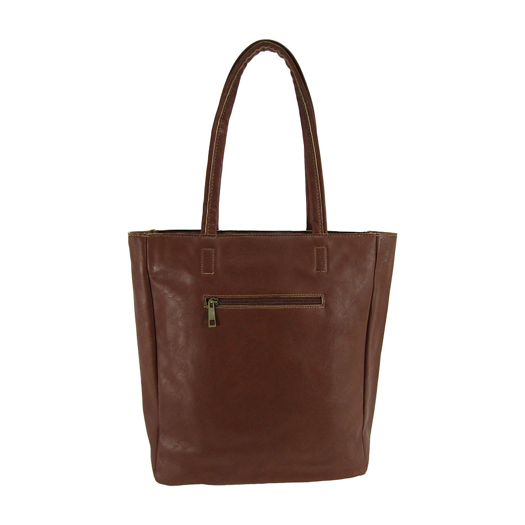 [O.F.S オーエフエス] A4対応 ファスナー付 シンプル トートバッグ | 合皮 マチあり 無地 肩掛け 通勤 通学 男女兼用 サブバッグ 茶 ブラウン 4T08