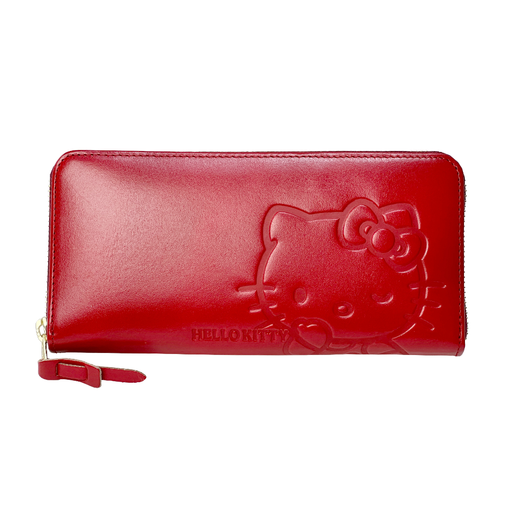  [HELLO KITTY ハローキティ] 本革 長財布| シンプル レザー ファスナー付き 財布 レディース　ウォレット 赤 レッド 2W06