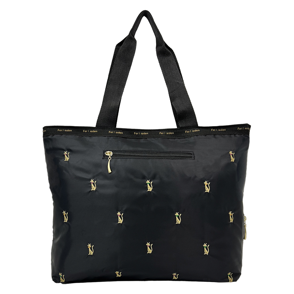 [Sofia Valentino ソフィアバレンチノ] ネコ柄 刺繍 横型トートバッグ | 軽量 ファスナー開閉 レデイース 傘ポケット 収納力 かわいい 猫 ねこ 黒 ブラック 4917