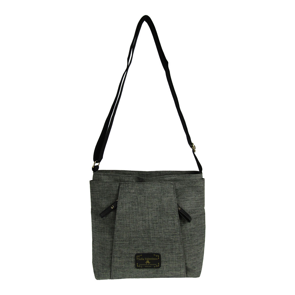 [Sofia Valentino ソフィアバレンチノ] 縦ファスナー ポケット付 軽量  ショルダーバッグ | レディース サコッシュ 多機能 ななめ掛け 黒×灰 ブラック×グレー 4902