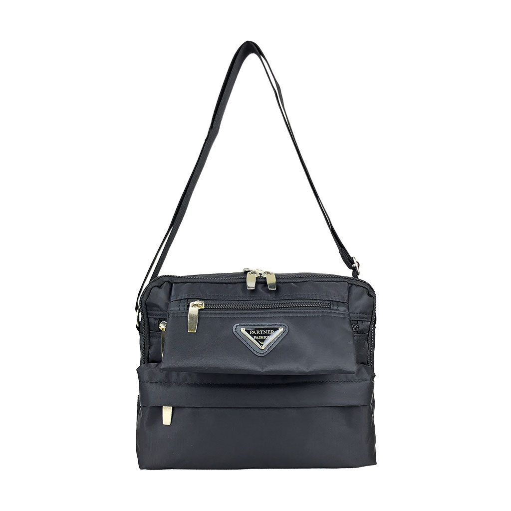 [Partner パートナー] フロントファスナー付 ショルダーバッグ | 多機能 ポケット 収納便利 ななめ掛け ブラック 5Y46