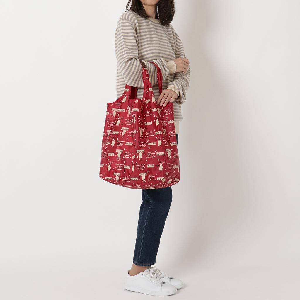 [nekoningen ネコ人間] 猫好き必見♪ コンパクト収納 エコバッグ | 猫柄 軽量 マルシェバッグ くり手 かわいい  大きめ 赤 レッド 4R46