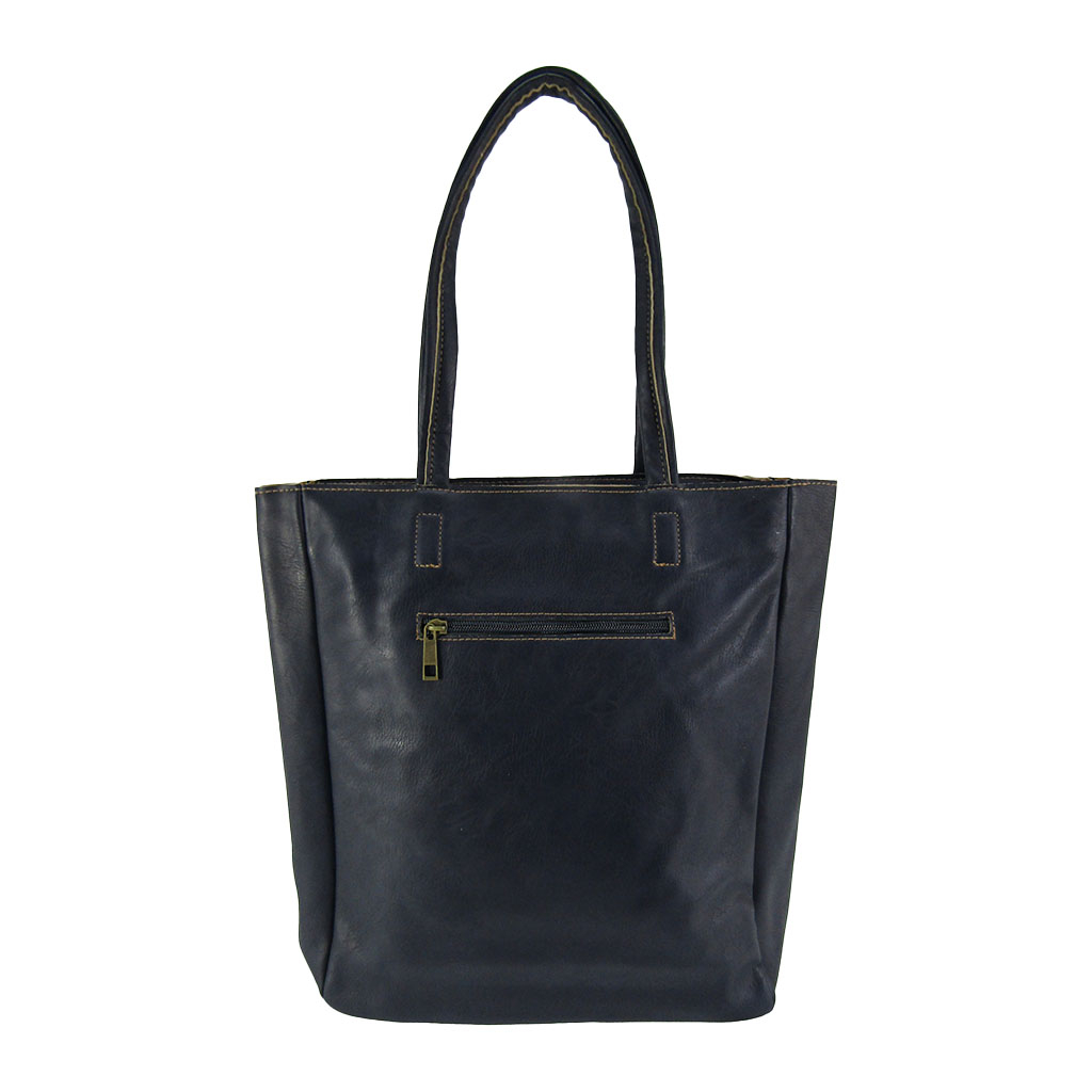 [O.F.S オーエフエス] A4対応 ファスナー付 シンプル トートバッグ | 合皮 マチあり 無地 肩掛け 通勤 通学 男女兼用 サブバッグ 紺 ネイビー 4T08