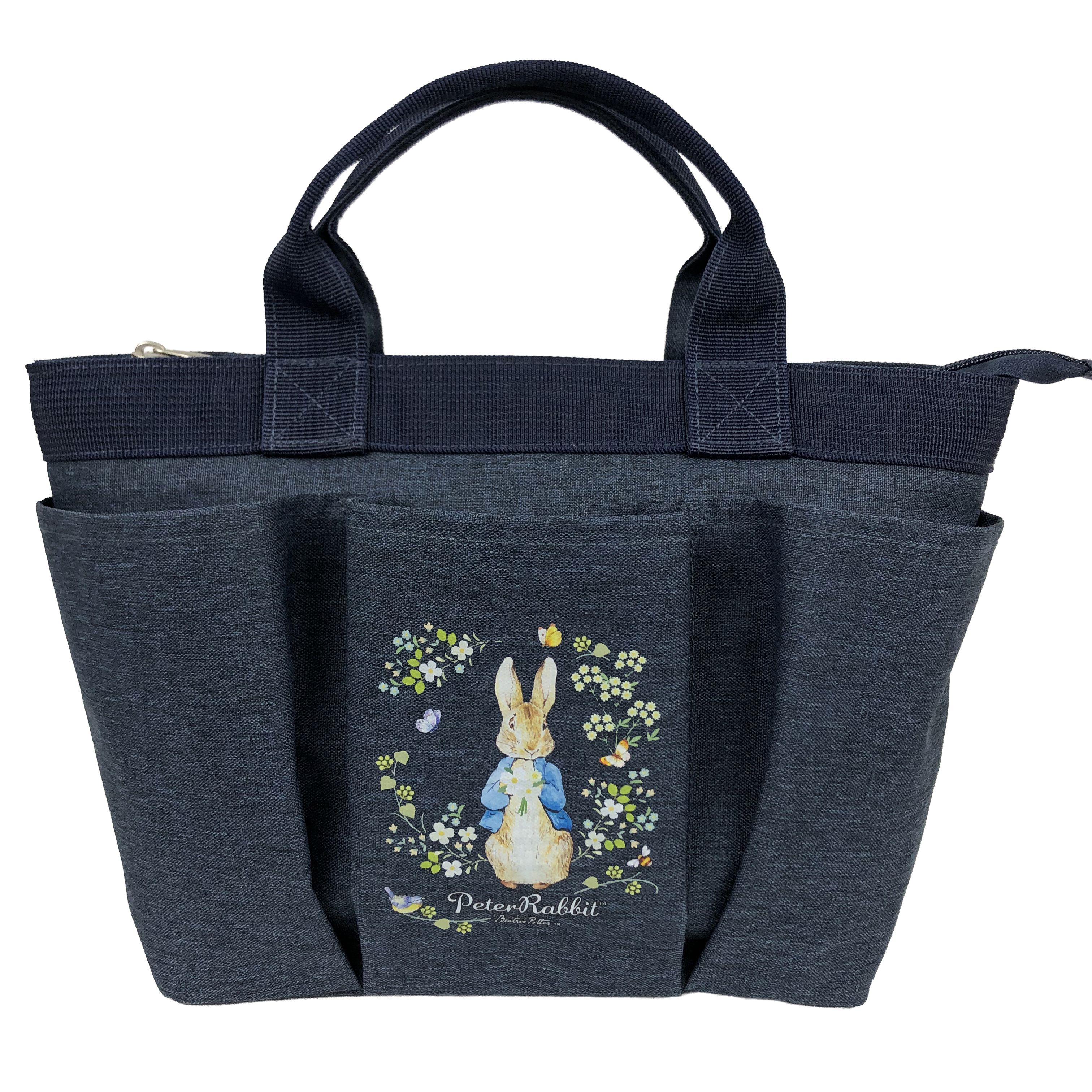スリーポケット ランチバッグ [PETER RABBIT(TM) ピータ―ラビット(TM)] 多収納 トートバッグ  バイカラー ウサギ柄 小花柄 ガーデン 舟型トート サブバッグ ファスナー付トート お弁当かばん レディース ネイビー 0652