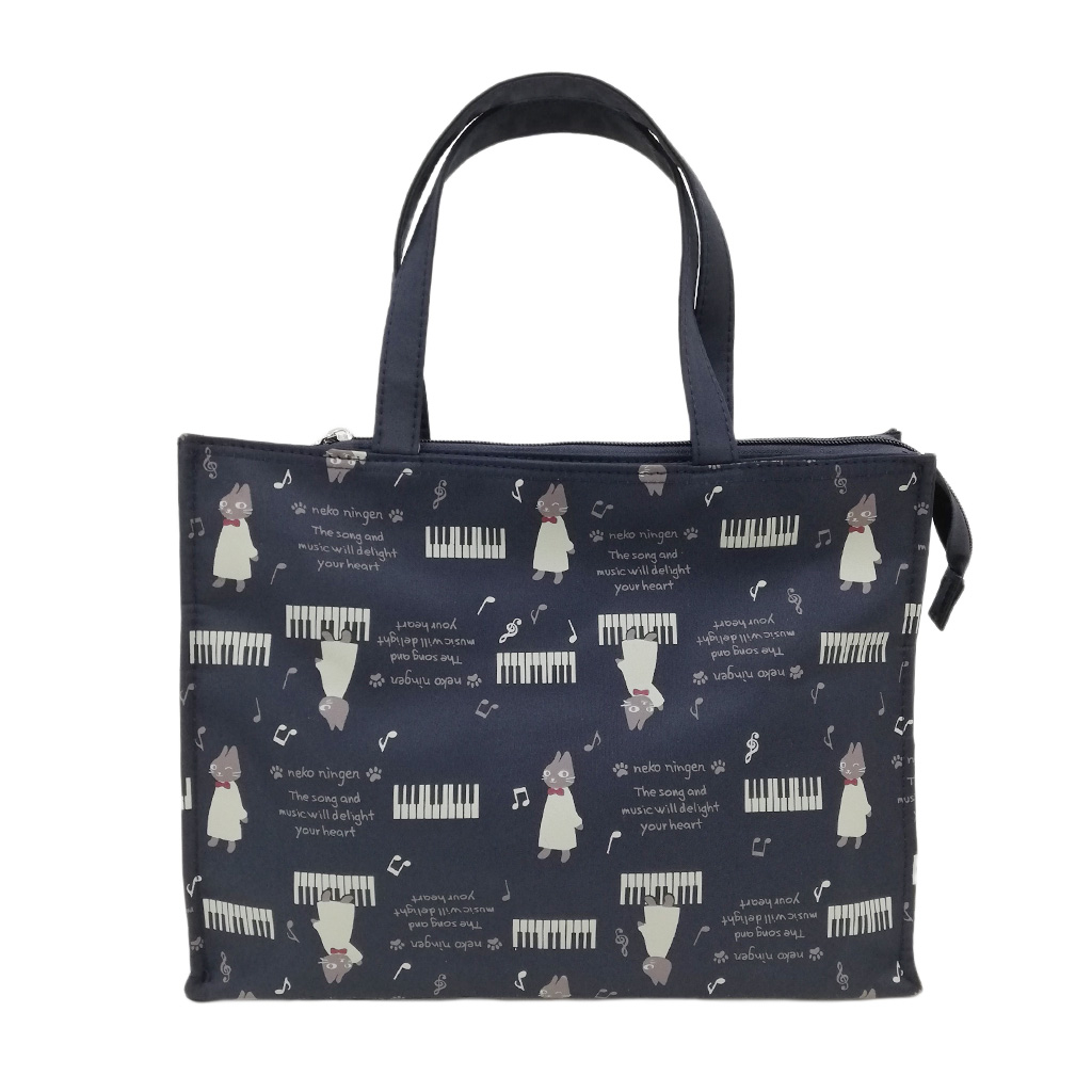 [nekoningen ネコ人間] 猫好き必見♪ 横型 手提げバッグ | かわいい 猫柄 軽量 手提げ トートバッグ A4対応 紺 ネイビー 4M35