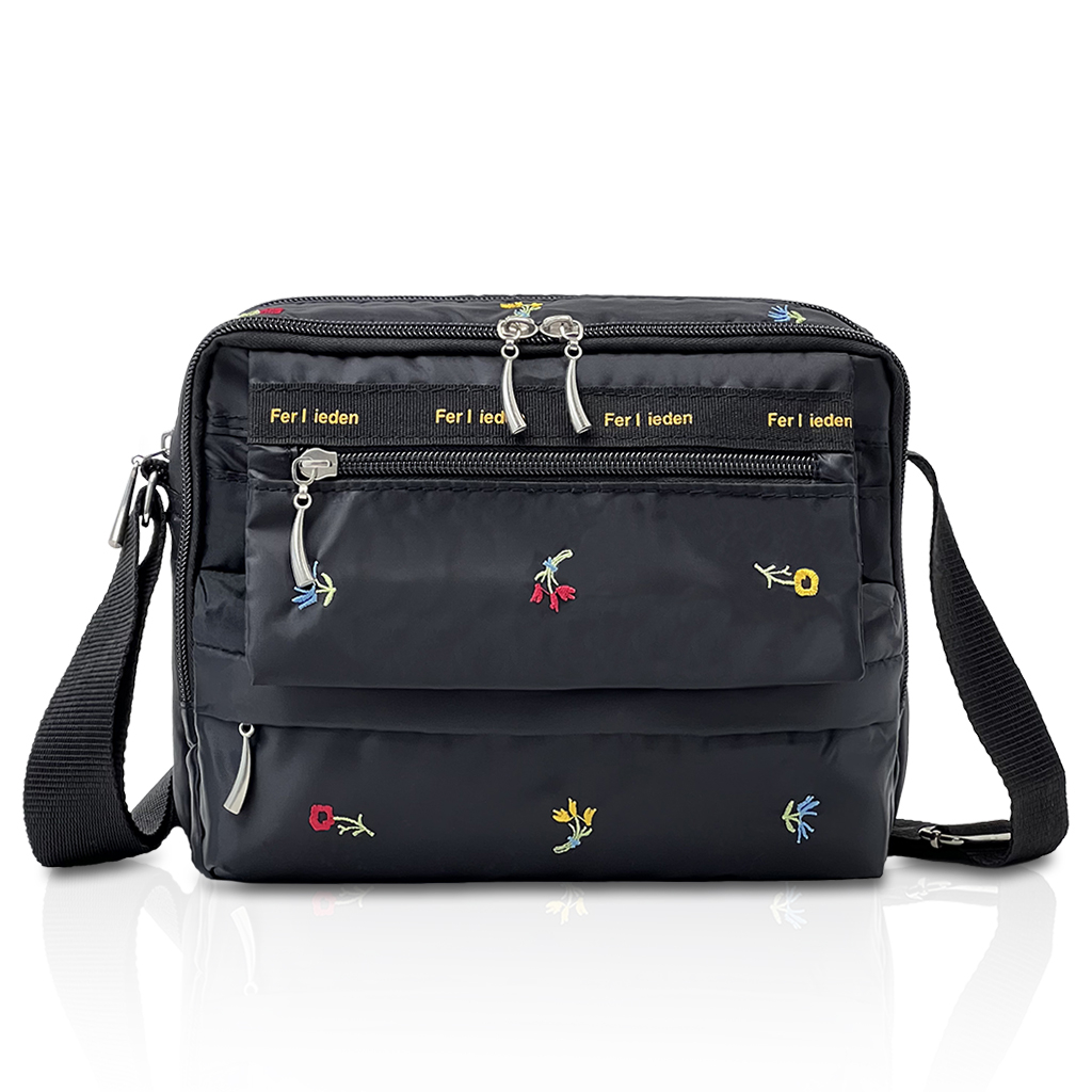 [Sofia Valentino ソフィアバレンチノ] 小花柄 刺繍 ショルダーバッグ | ボンディング素材 軽量 多収納 ななめ掛け フラップ ファスナー付 ポシェット 花柄 黒 ブラック 4792