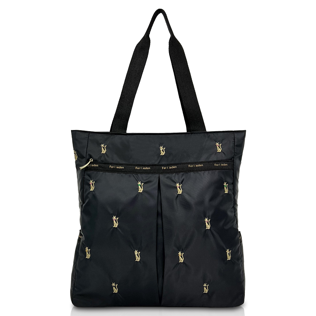 [Sofia Valentino ソフィアバレンチノ] ネコ柄 刺繍 縦型トートバッグ |  軽量 ファスナー開閉 収納力 かわいい 刺しゅう 猫 ねこ 黒 ブラック 4918