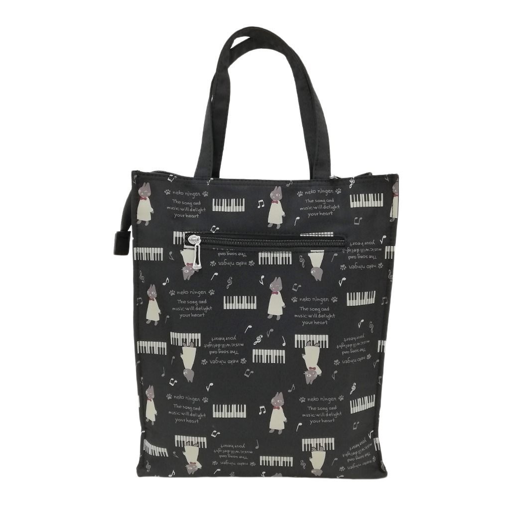 [nekoningen ネコ人間] 猫好き必見♪ 縦型 手提げバッグ | かわいい 猫柄 軽量 手提げ トートバッグ A4対応 黒 ブラック 4M34