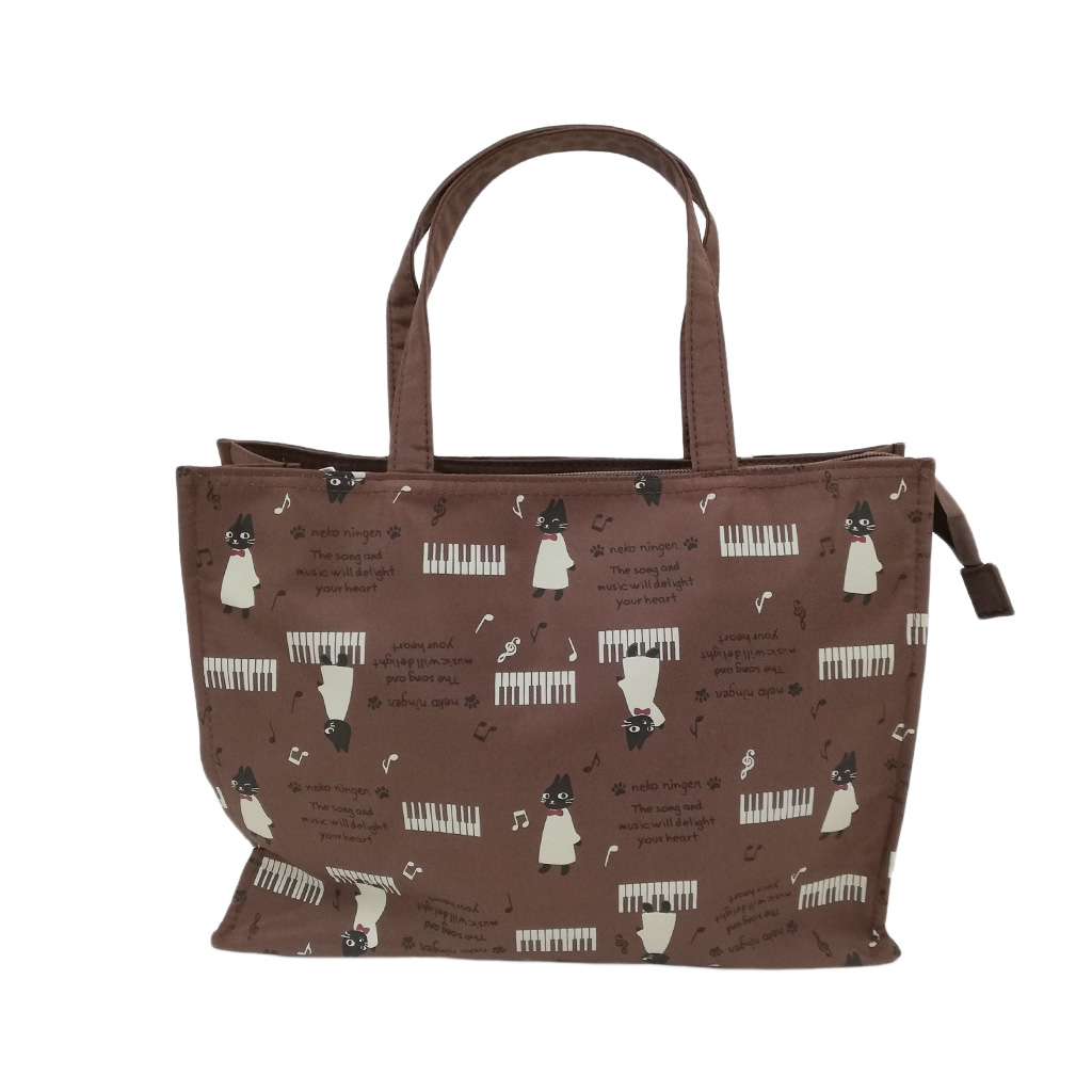 [nekoningen ネコ人間] 猫好き必見♪ 横型 手提げバッグ | かわいい 猫柄 軽量 手提げ トートバッグ A4対応 茶 ブラウン 4M35