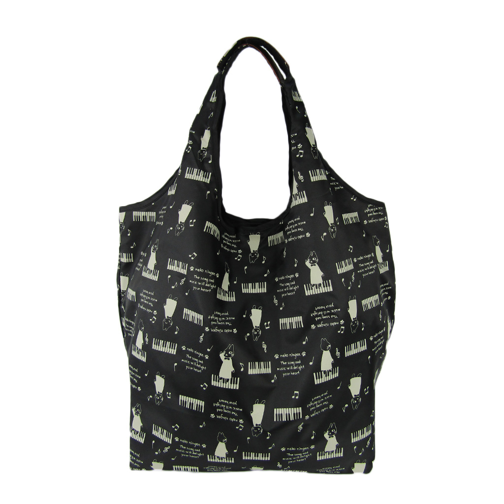 [nekoningen ネコ人間] 猫好き必見♪ コンパクト収納 エコバッグ | 猫柄 軽量 マルシェバッグ くり手 かわいい  大きめ 黒 ブラック 4R46