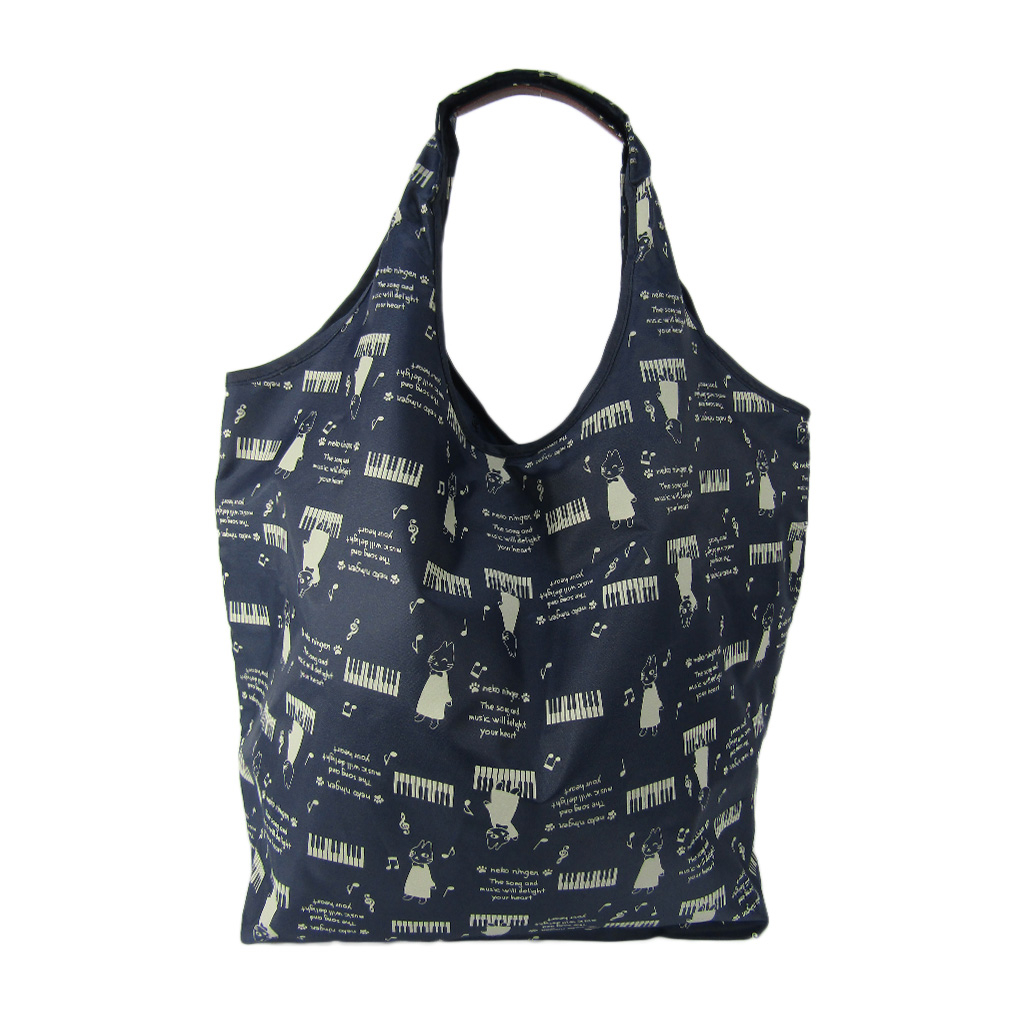 [nekoningen ネコ人間] 猫好き必見♪ コンパクト収納 エコバッグ | 猫柄 軽量 マルシェバッグ くり手 かわいい  大きめ 紺 ネイビー 4R46