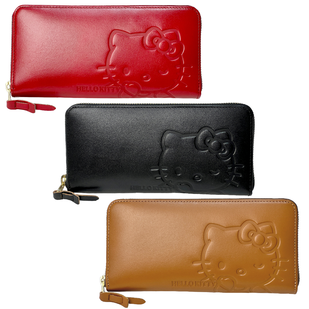  [HELLO KITTY ハローキティ] 本革 長財布| シンプル レザー ファスナー付き 財布 レディース　ウォレット 茶 ブラウン 2W06