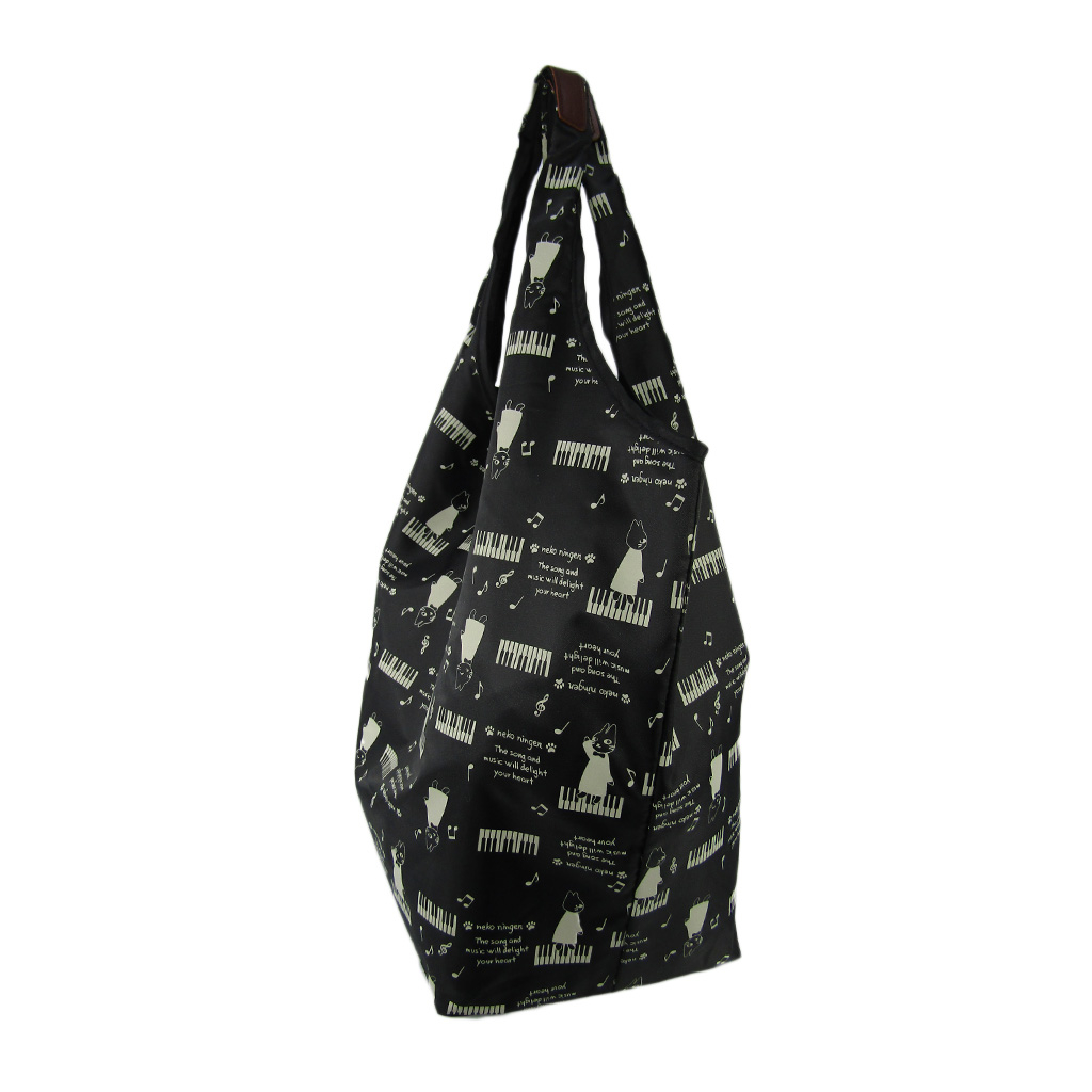 [nekoningen ネコ人間] 猫好き必見♪ コンパクト収納 エコバッグ | 猫柄 軽量 マルシェバッグ くり手 かわいい  大きめ 黒 ブラック 4R46