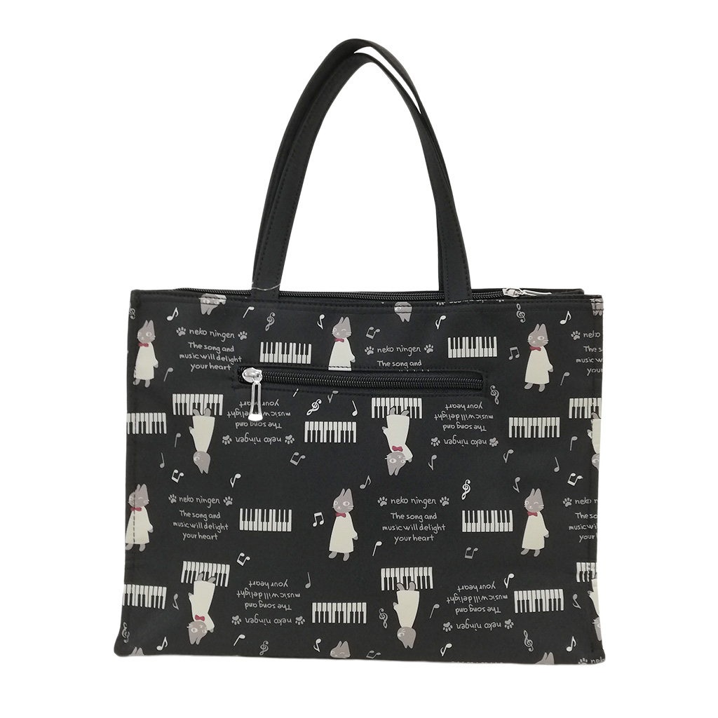[nekoningen ネコ人間] 猫好き必見♪ 横型 手提げバッグ | かわいい 猫柄 軽量 手提げ トートバッグ A4対応 黒 ブラック 4M35