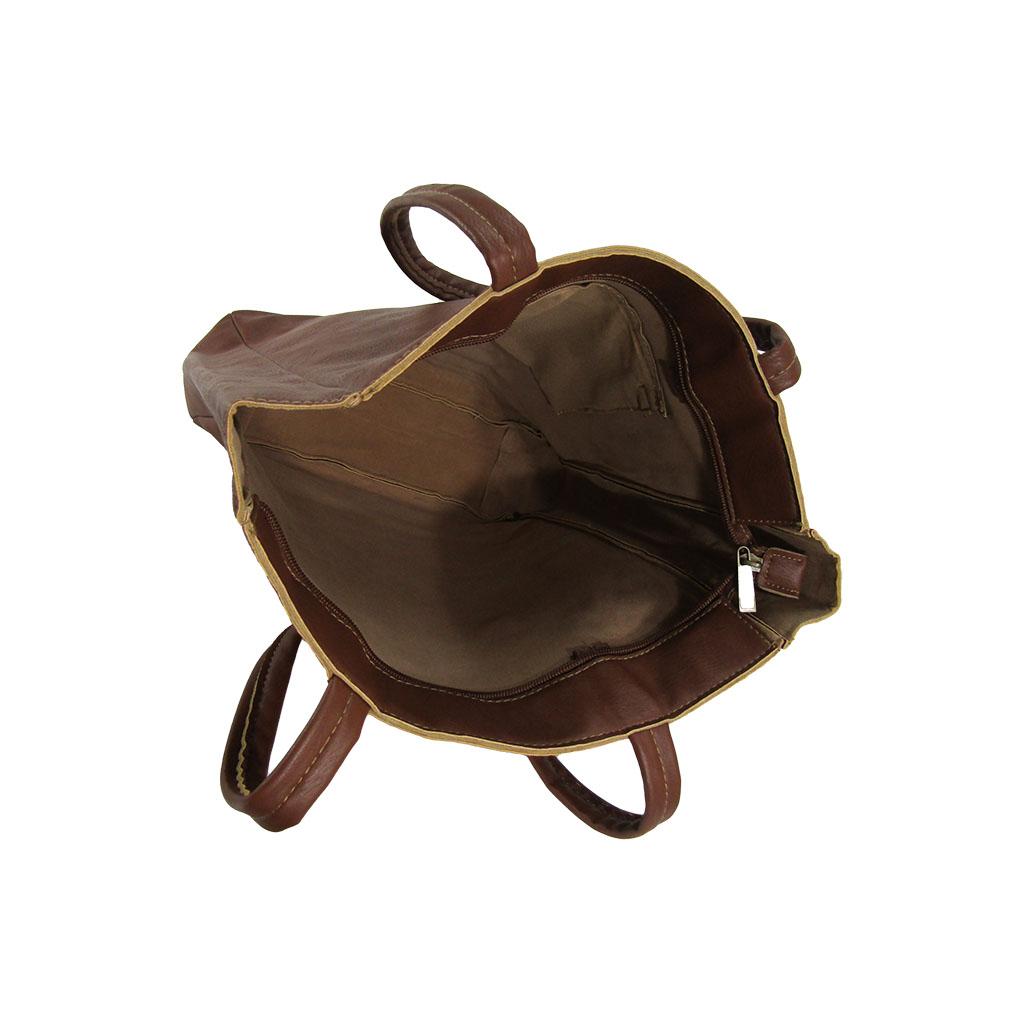 [O.F.S オーエフエス] A4対応 ファスナー付 シンプル トートバッグ | 合皮 マチあり 無地 肩掛け 通勤 通学 男女兼用 サブバッグ 茶 ブラウン 4T08