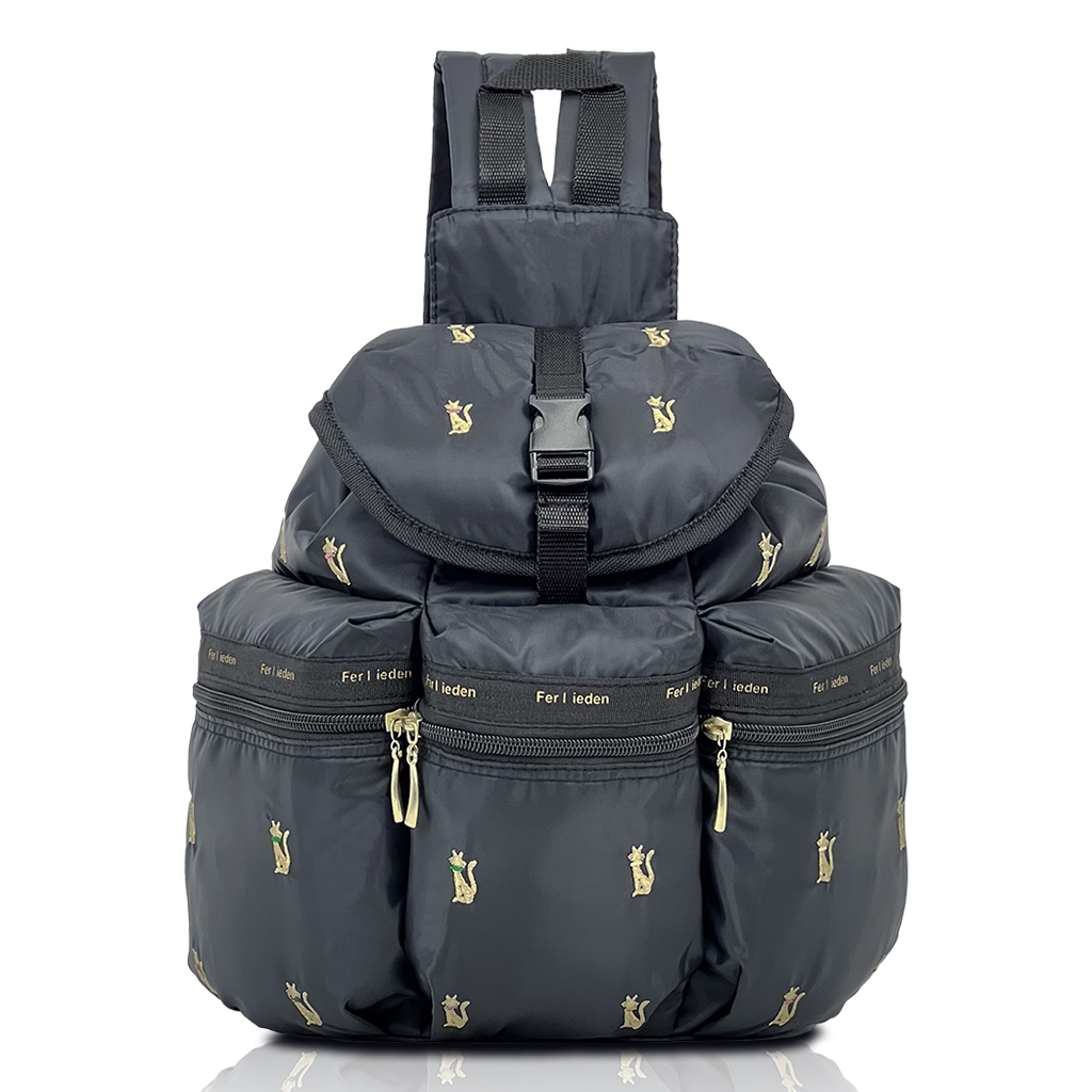 [Sofia Valentino ソフィアバレンチノ] ネコ柄 刺繍 3ポケットリュック | 軽量  　刺しゅう多収納 かわいい 猫 ねこ 黒 ブラック 4921