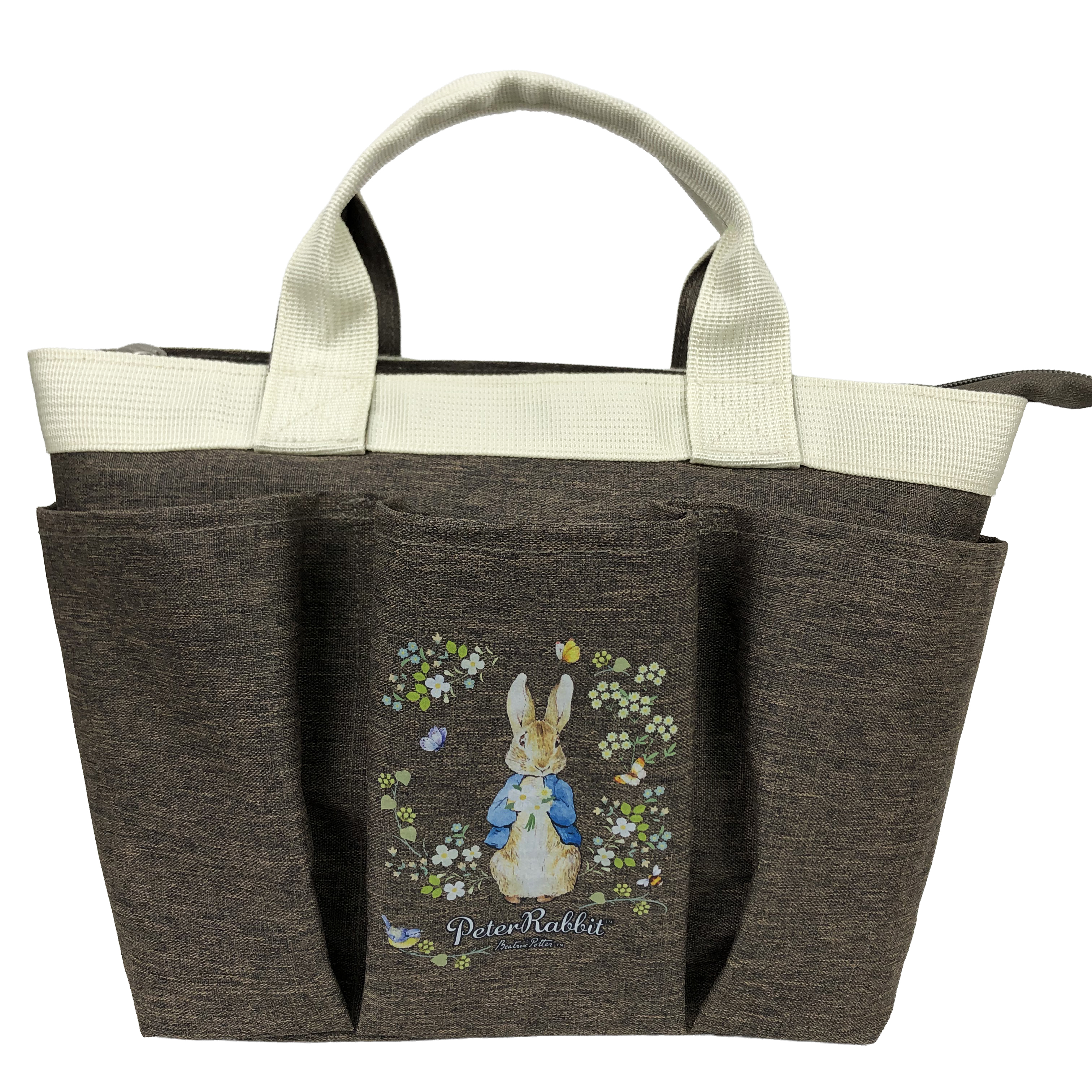 スリーポケット ランチバッグ [PETER RABBIT(TM) ピータ―ラビット(TM)] 多収納 トートバッグ  バイカラー ウサギ柄 小花柄 ガーデン 舟型トート サブバッグ ファスナー付トート お弁当かばん レディース ブラウン 0652