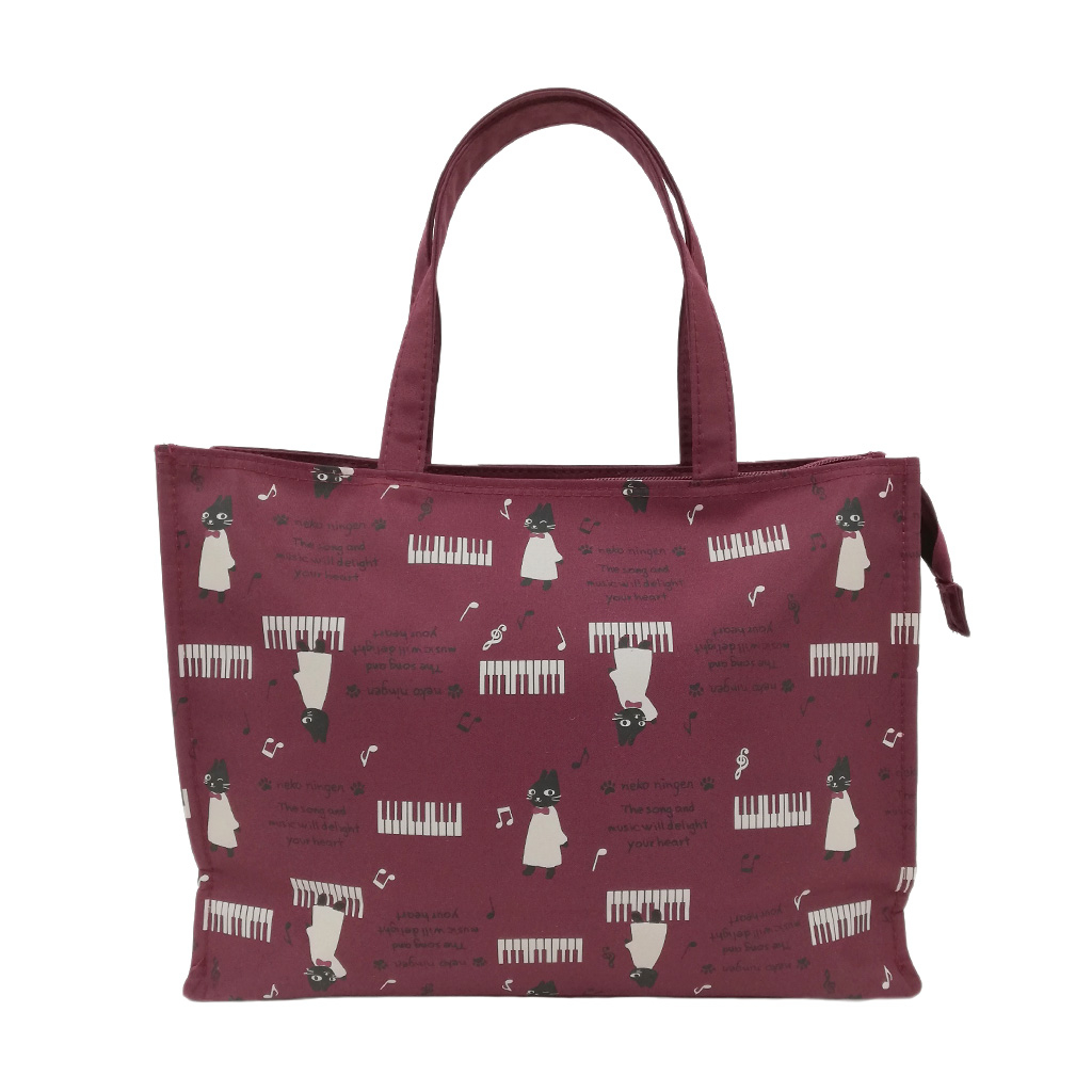 [nekoningen ネコ人間] 猫好き必見♪ 横型 手提げバッグ | かわいい 猫柄 軽量 手提げ トートバッグ A4対応 赤系 ダークレッド 4M35
