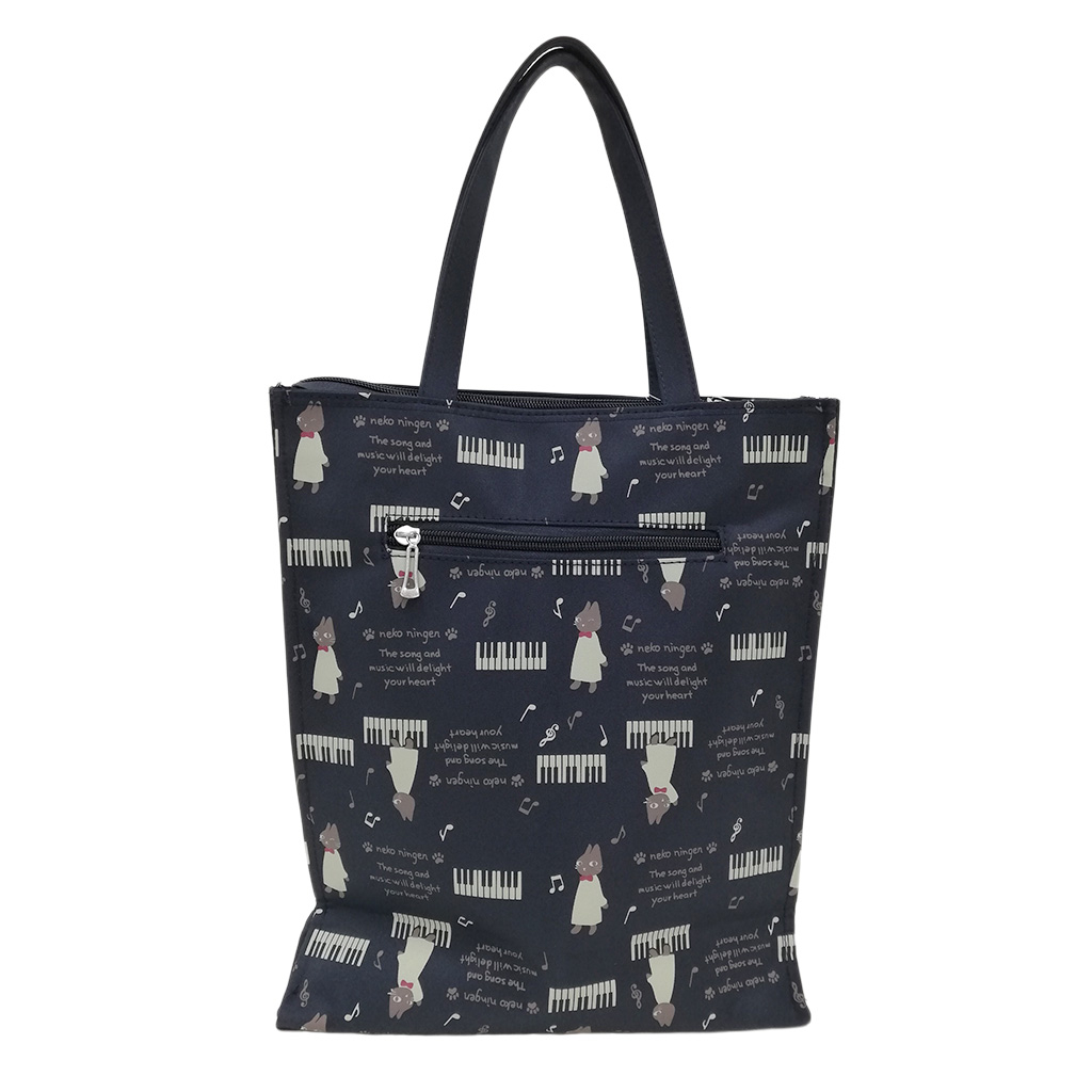 [nekoningen ネコ人間] 猫好き必見♪ 縦型 手提げバッグ | かわいい 猫柄 軽量 手提げ トートバッグ A4対応 紺 ネイビー 4M34
