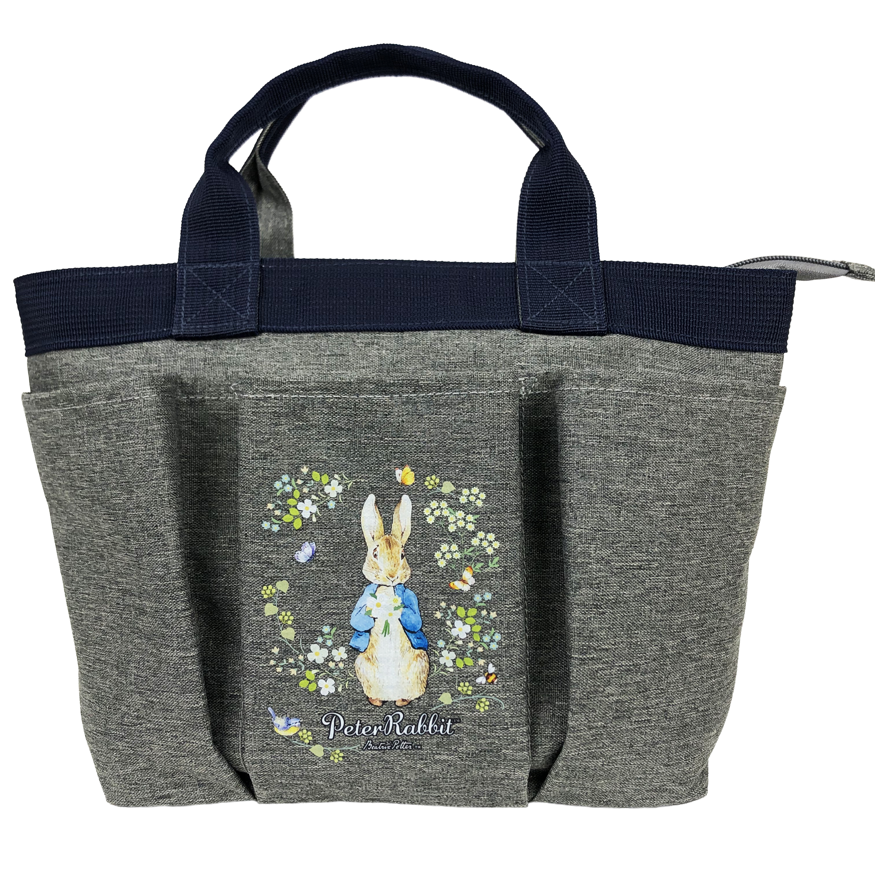 スリーポケット ランチバッグ [PETER RABBIT(TM) ピータ―ラビット(TM)] 多収納 トートバッグ  バイカラー ウサギ柄 小花柄 ガーデン 舟型トート サブバッグ ファスナー付トート お弁当かばん レディース グレー0652