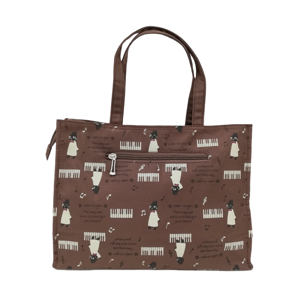 [nekoningen ネコ人間] 猫好き必見♪ 横型 手提げバッグ | かわいい 猫柄 軽量 手提げ トートバッグ A4対応 茶 ブラウン 4M35