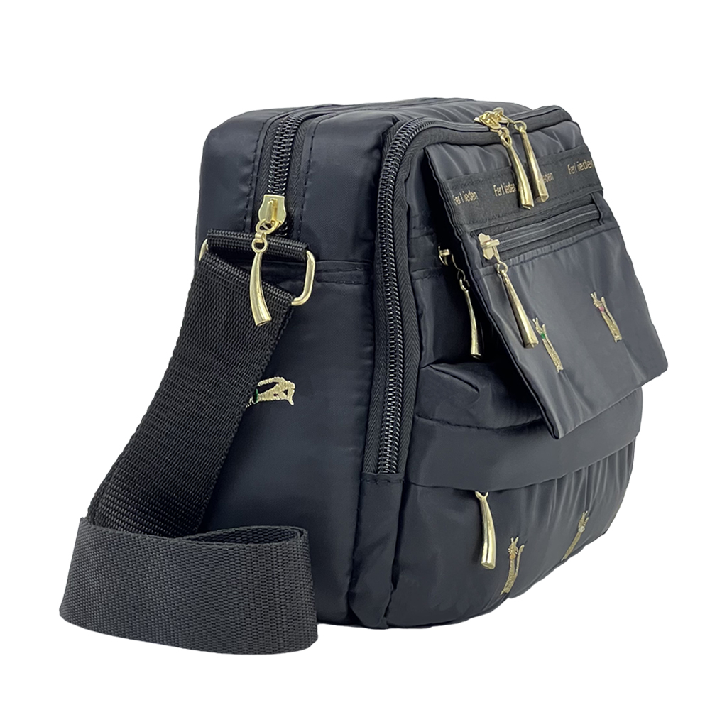 [Sofia Valentino ソフィアバレンチノ] ネコ柄 刺繍 ショルダーバッグ | ボンディング素材 軽量 収納力抜群 ななめ掛け フラップ ファスナー付 ポシェット ねこ ブラック 4915