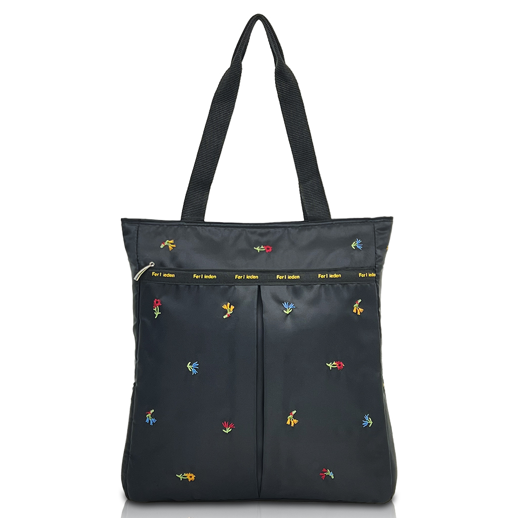 [Sofia Valentino ソフィアバレンチノ] 小花柄 刺繍 縦型トートバッグ | 軽量 ボンディング素材 開閉ファスナー 収納力抜群 かわいい 花柄 サブバッグ 黒 ブラック 4795