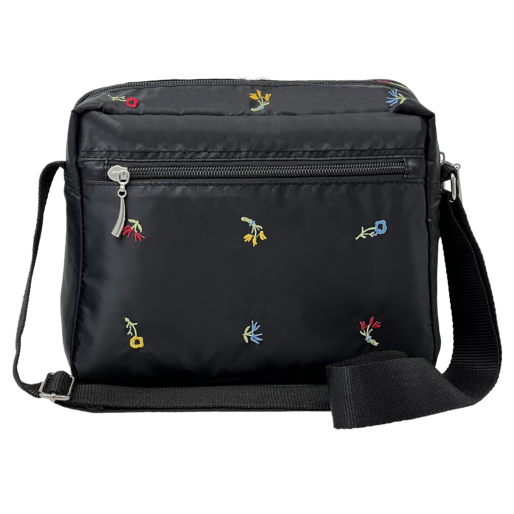[Sofia Valentino ソフィアバレンチノ] 小花柄 刺繍 ショルダーバッグ | ボンディング素材 軽量 多収納 ななめ掛け フラップ ファスナー付 ポシェット 花柄 黒 ブラック 4792