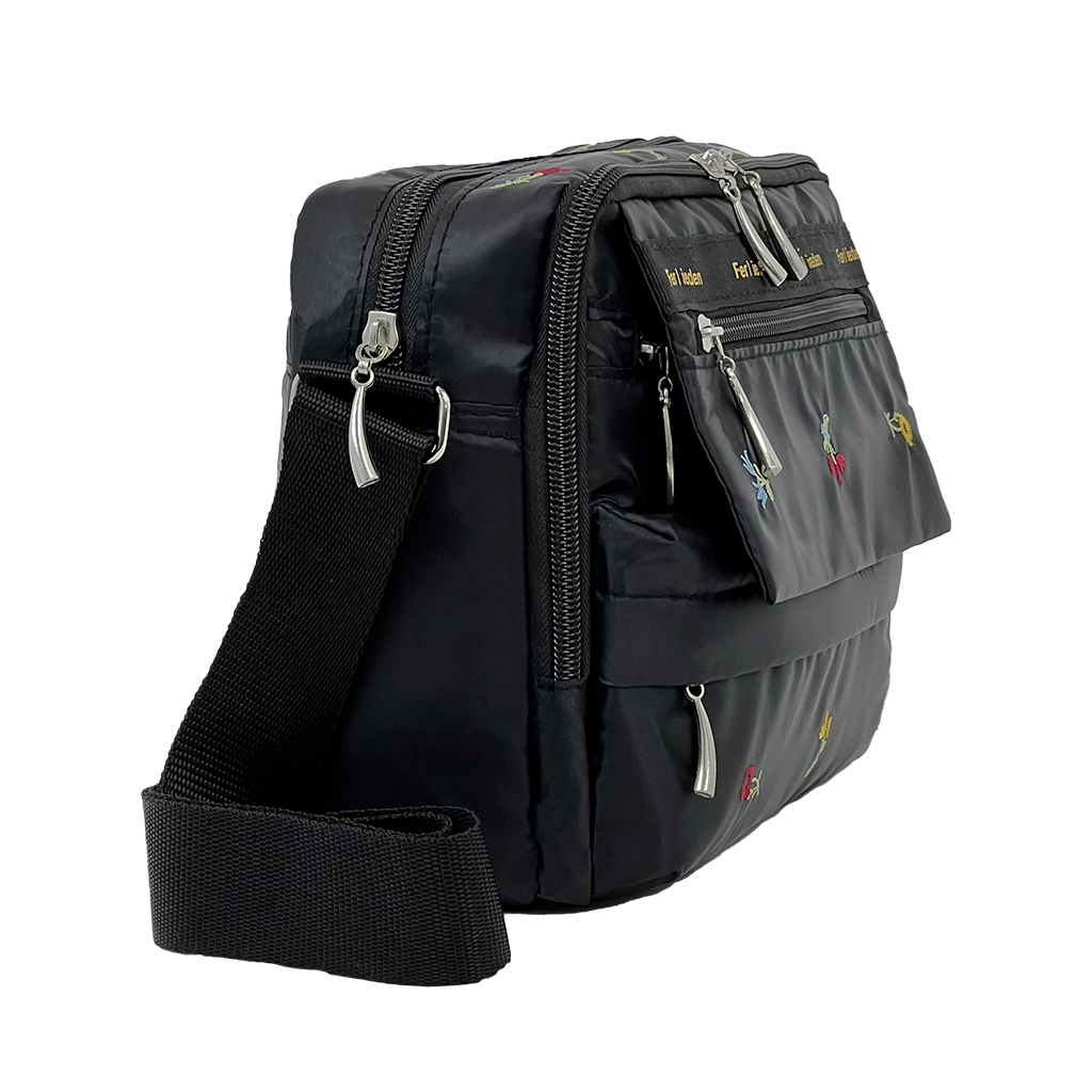 [Sofia Valentino ソフィアバレンチノ] 小花柄 刺繍 ショルダーバッグ | ボンディング素材 軽量 多収納 ななめ掛け フラップ ファスナー付 ポシェット 花柄 黒 ブラック 4792