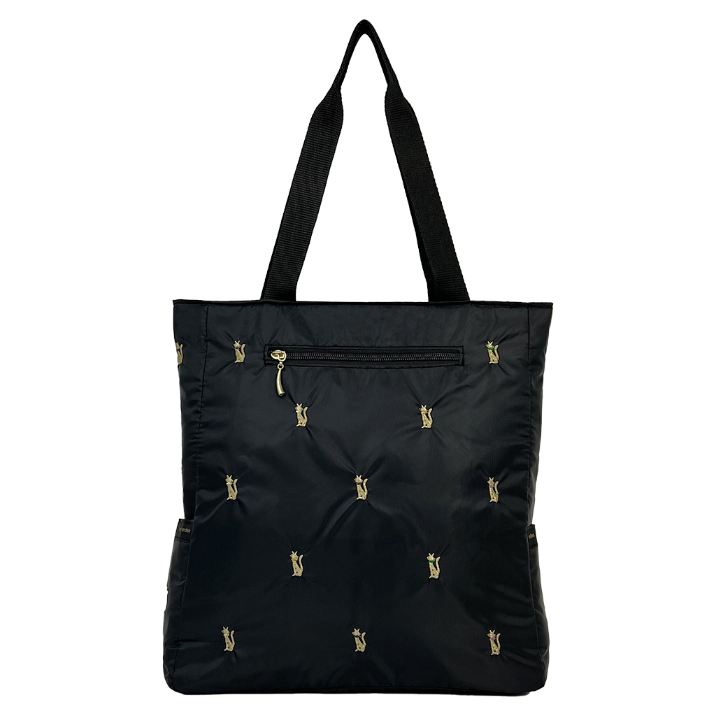 [Sofia Valentino ソフィアバレンチノ] ネコ柄 刺繍 縦型トートバッグ |  軽量 ファスナー開閉 収納力 かわいい 刺しゅう 猫 ねこ 黒 ブラック 4918