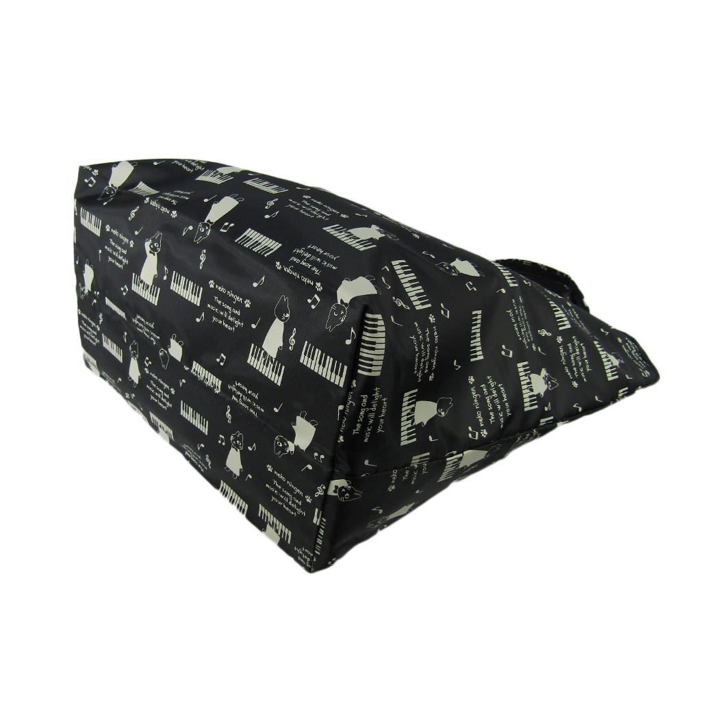 [nekoningen ネコ人間] 猫好き必見♪ コンパクト収納 エコバッグ | 猫柄 軽量 マルシェバッグ くり手 かわいい  大きめ 黒 ブラック 4R46