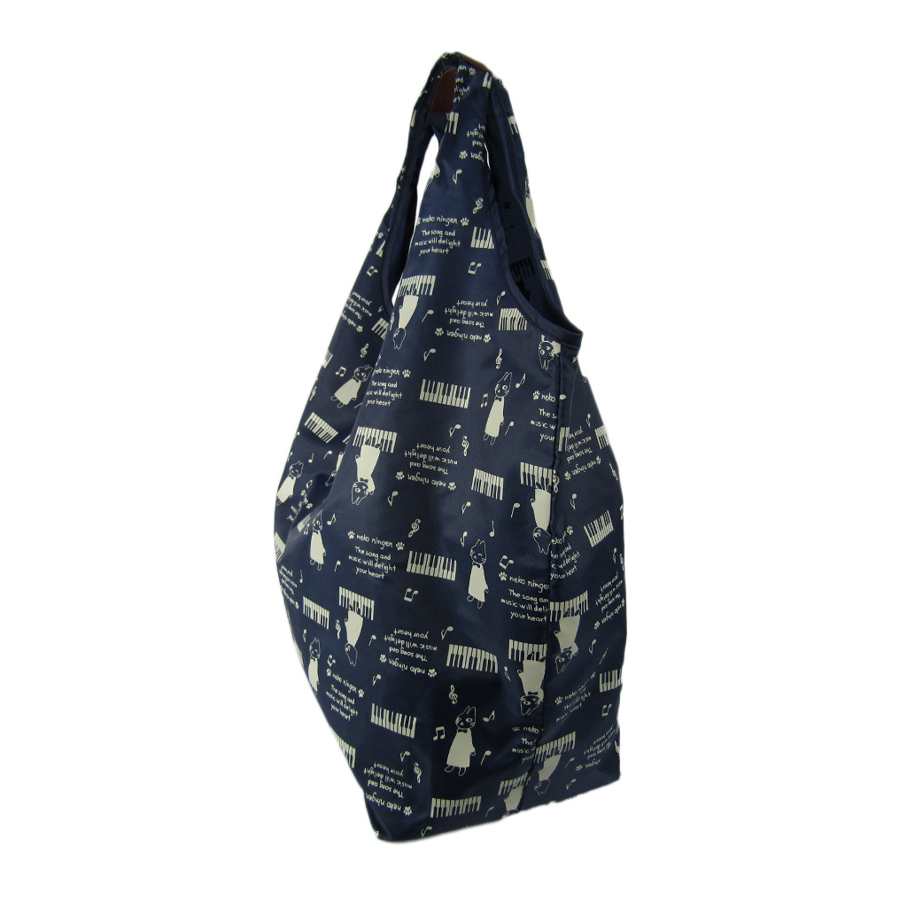 [nekoningen ネコ人間] 猫好き必見♪ コンパクト収納 エコバッグ | 猫柄 軽量 マルシェバッグ くり手 かわいい  大きめ 紺 ネイビー 4R46