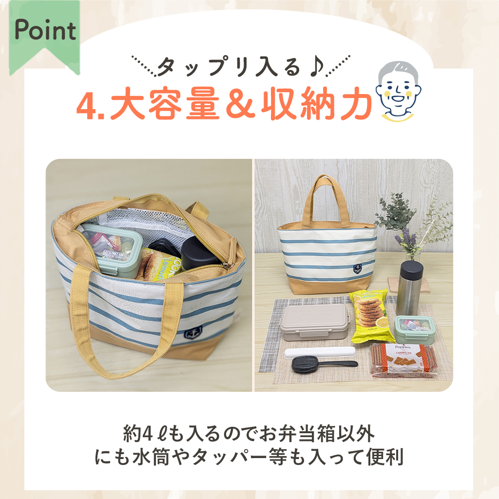  [mama fiore マーマフィオーレ] Picoteeシリーズ ピコティ 保温保冷 ランチバッグ 保冷バッグ | おしゃれ 可愛い サブバッグ 軽量 レディース キッズ 弁当袋 ミニ トートバッグ 4L 便利 マリンボーダー／グリーン