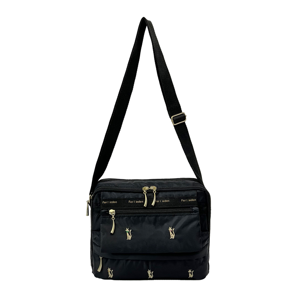 [Sofia Valentino ソフィアバレンチノ] ネコ柄 刺繍 ショルダーバッグ | ボンディング素材 軽量 収納力抜群 ななめ掛け フラップ ファスナー付 ポシェット ねこ ブラック 4915