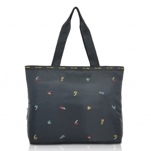 [Sofia Valentino ソフィアバレンチノ] 小花柄 刺繍 横型トートバッグ | ボンディング素材 軽量 開閉ファスナー 傘ポケット 収納力抜群 マチ付きトート 花柄 黒 ブラック 4794