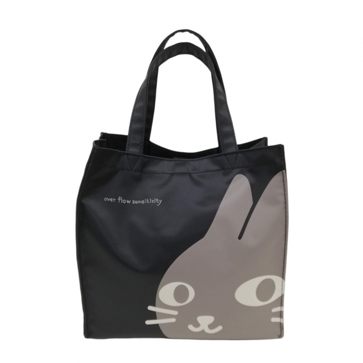 [nekoningen ネコ人間] 猫好き必見♪ コンパクト 手提げバッグ | かわいい 猫柄 ねこにんげん 軽量 撥水 お弁当バッグ 黒 ブラック 6821 