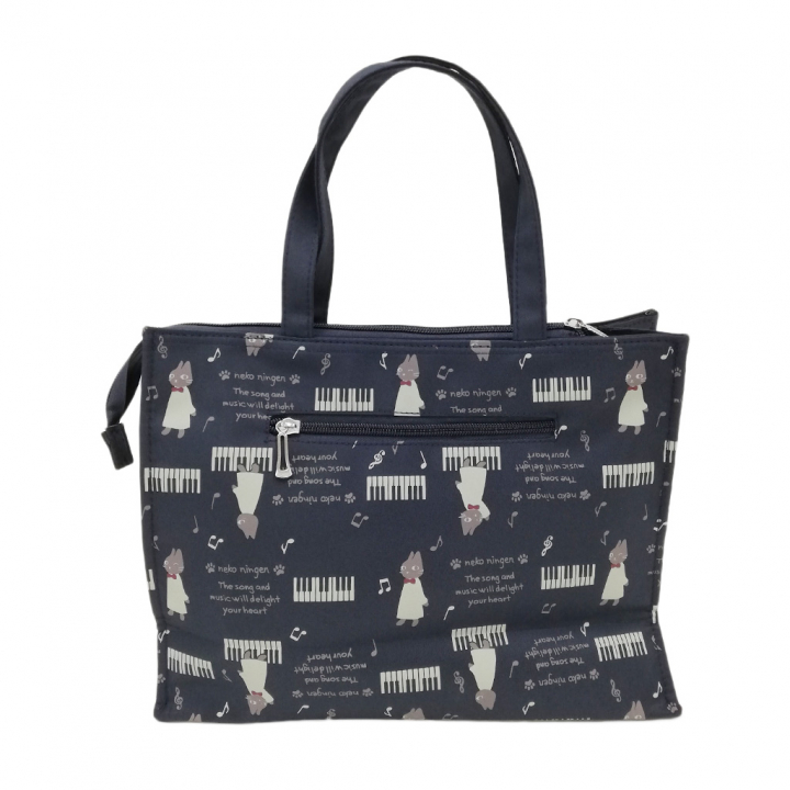 [nekoningen ネコ人間] 猫好き必見♪ 横型 手提げバッグ | かわいい 猫柄 軽量 手提げ トートバッグ A4対応 紺 ネイビー 4M35