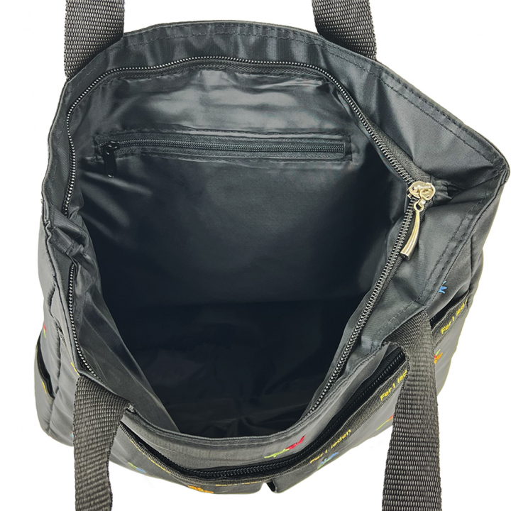 [Sofia Valentino ソフィアバレンチノ] 小花柄 刺繍 縦型トートバッグ | 軽量 ボンディング素材 開閉ファスナー 収納力抜群 かわいい 花柄 サブバッグ 黒 ブラック 4795