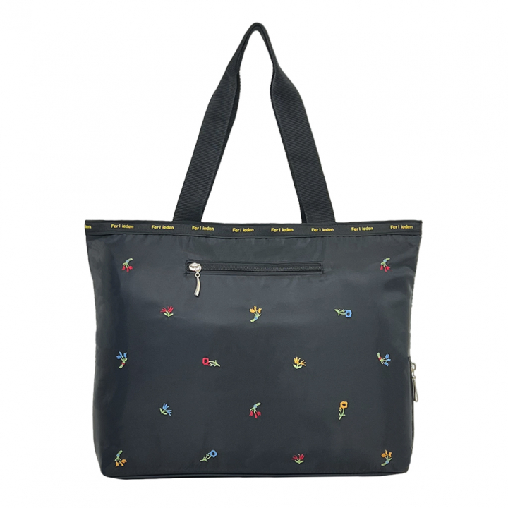 [Sofia Valentino ソフィアバレンチノ] 小花柄 刺繍 横型トートバッグ | ボンディング素材 軽量 開閉ファスナー 傘ポケット 収納力抜群 マチ付きトート 花柄 黒 ブラック 4794