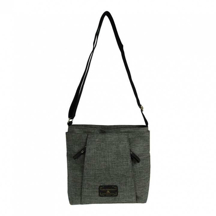 [Sofia Valentino ソフィアバレンチノ] 縦ファスナー ポケット付 軽量  ショルダーバッグ | レディース サコッシュ 多機能 ななめ掛け 黒×灰 ブラック×グレー 4902