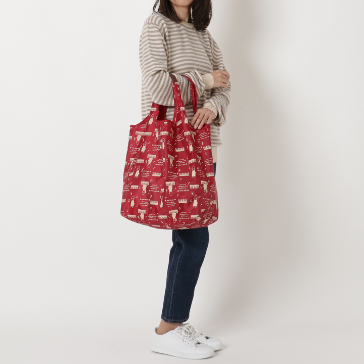 [nekoningen ネコ人間] 猫好き必見♪ コンパクト収納 エコバッグ | 猫柄 軽量 マルシェバッグ くり手 かわいい  大きめ 赤 レッド 4R46