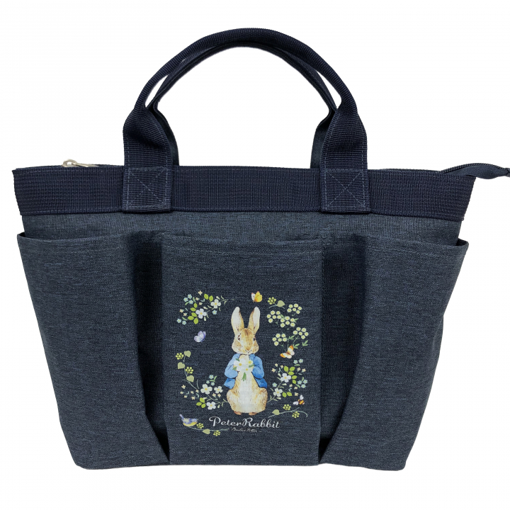 スリーポケット ランチバッグ [PETER RABBIT(TM) ピータ―ラビット(TM)] 多収納 トートバッグ  バイカラー ウサギ柄 小花柄 ガーデン 舟型トート サブバッグ ファスナー付トート お弁当かばん レディース ネイビー 0652
