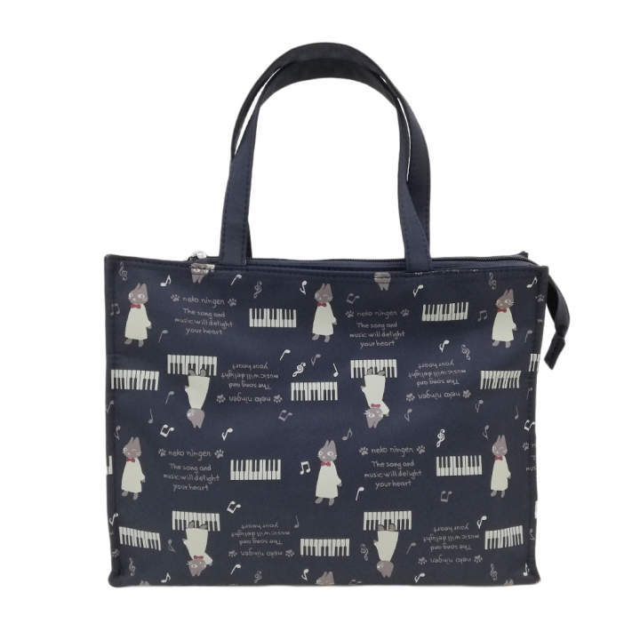 [nekoningen ネコ人間] 猫好き必見♪ 横型 手提げバッグ | かわいい 猫柄 軽量 手提げ トートバッグ A4対応 紺 ネイビー 4M35