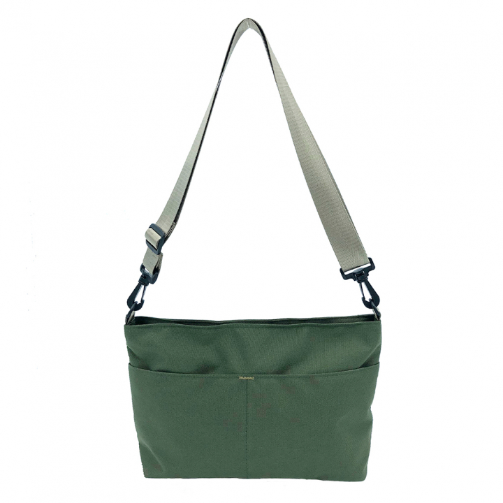 [ONE MILEシリーズ] 横長 ファスナー付きショルダーバッグ | 軽量 ポシェット サブバッグ シンプル アウトドア 緑 カーキ 4X30