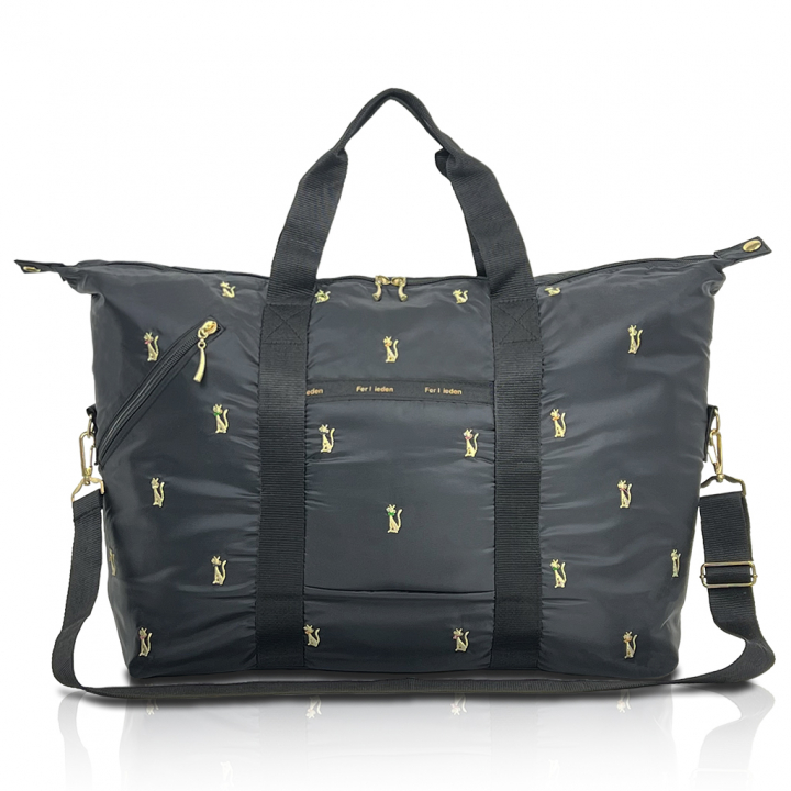 [Sofia Valentino ソフィアバレンチノ] 猫刺繍 2WAY ボストンバッグ | 軽量 大容量 ショルダーベルト 耳折れ トートバッグ かわいい ネコ ねこ ブラック 4998