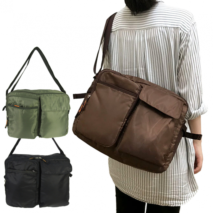 [A.O.T エーオーティー]  多機能 ショルダーバッグ ポケット 収納 便利 タウン カジュアル シンプル 無地 男女兼用 黒 ブラック 3830