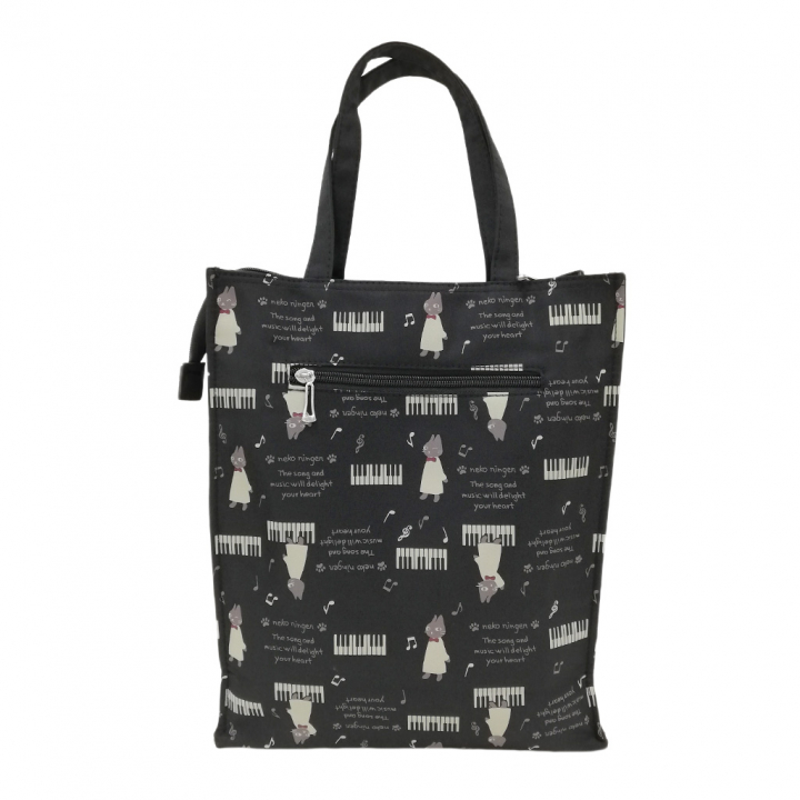 [nekoningen ネコ人間] 猫好き必見♪ 縦型 手提げバッグ | かわいい 猫柄 軽量 手提げ トートバッグ A4対応 黒 ブラック 4M34