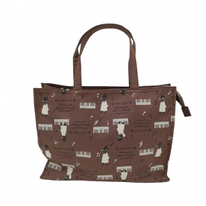 [nekoningen ネコ人間] 猫好き必見♪ 横型 手提げバッグ | かわいい 猫柄 軽量 手提げ トートバッグ A4対応 茶 ブラウン 4M35